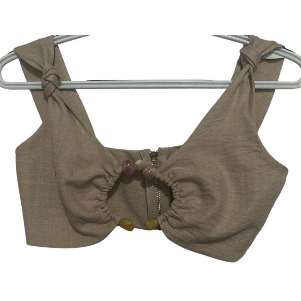 Pretty Little Thing Beige Linen Blend Crop Top Central Cut Out Detail w/ Beads 2